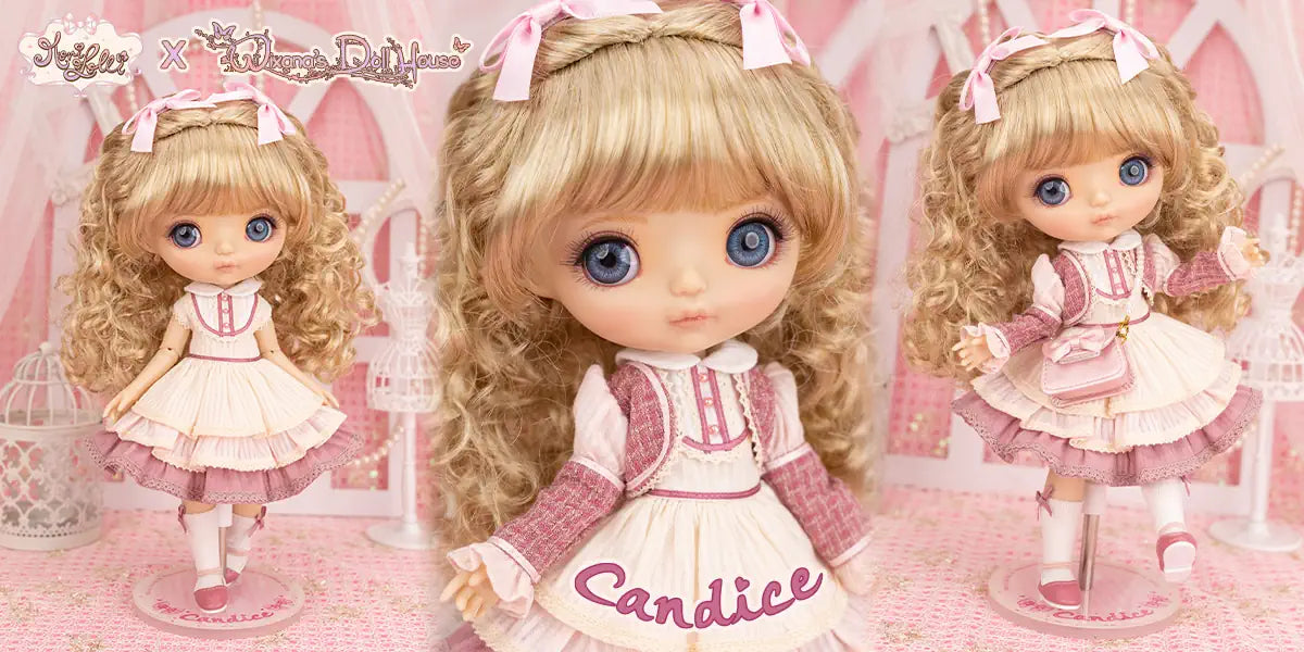 Candice doll with blonde hair and blue eyes, wearing matching outfits, on a pink background.