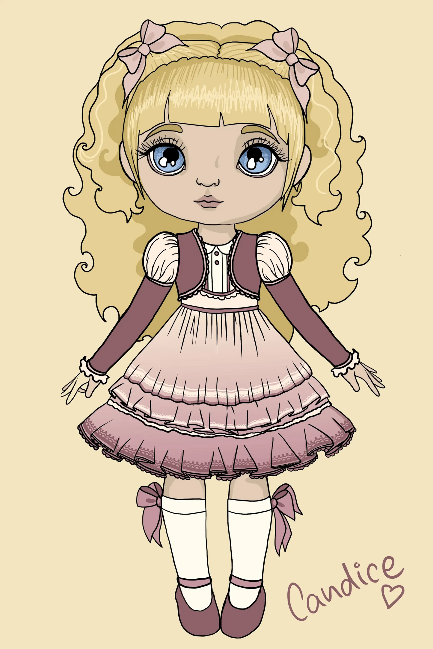 Illustration of a girl with blonde hair and a pink dress on a beige background