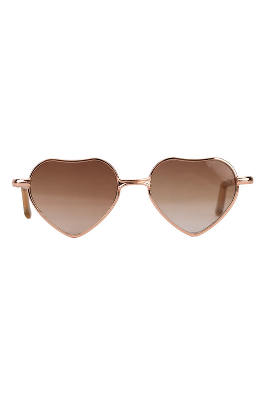 Heart-shaped brown sunglasses with rose gold frame and brown gradient lenses on a white background