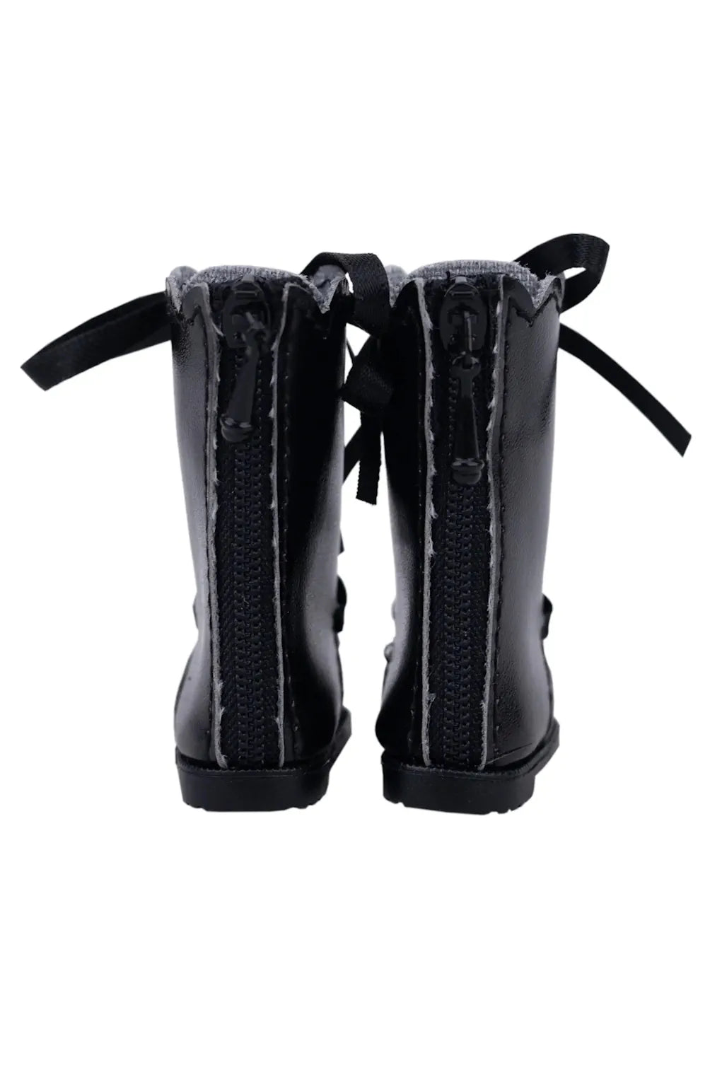 Rear view of Mori Lolli black lace-up doll boots featuring back zippers.