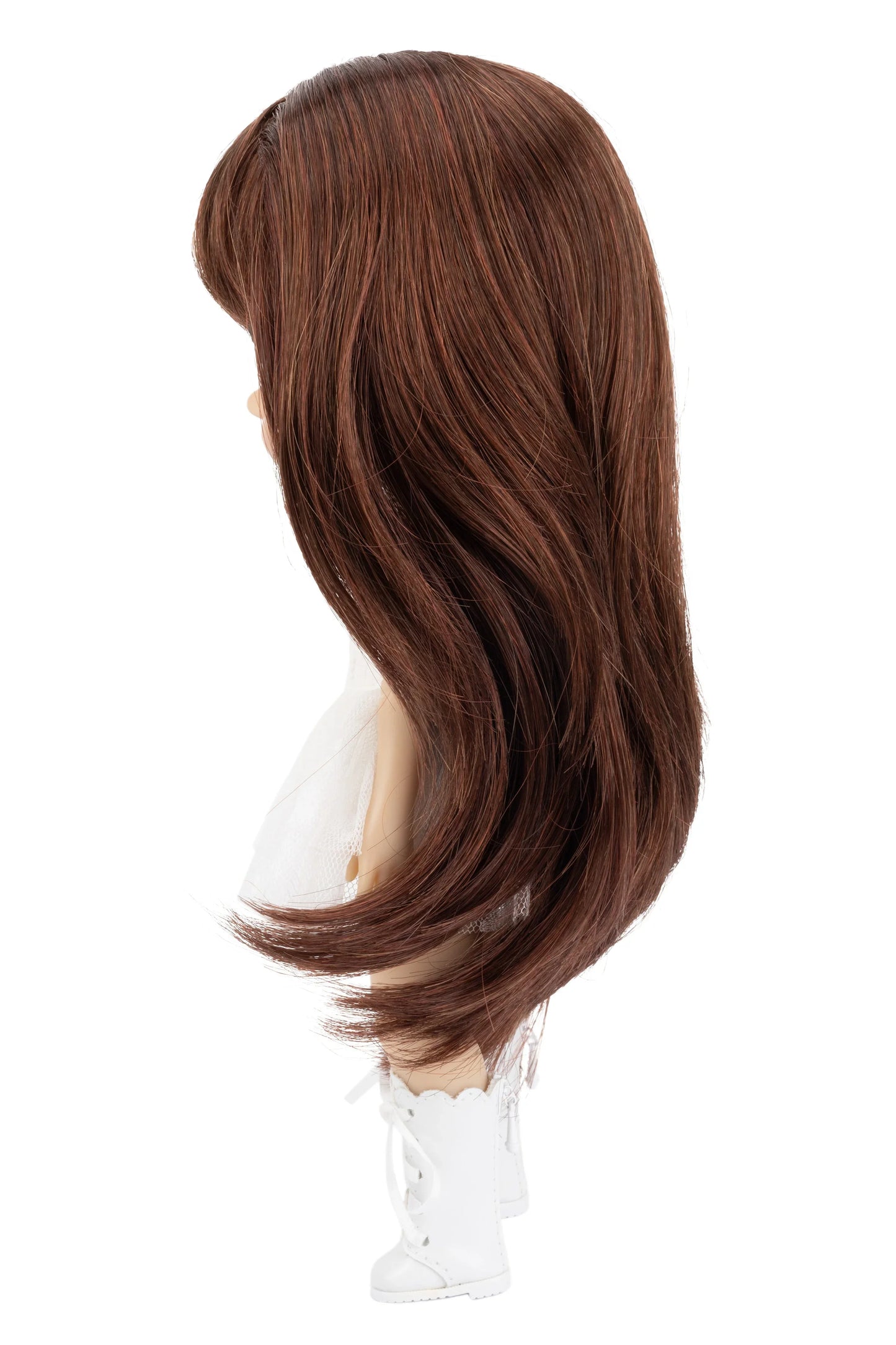 Brown wig on a mannequin head against a white background