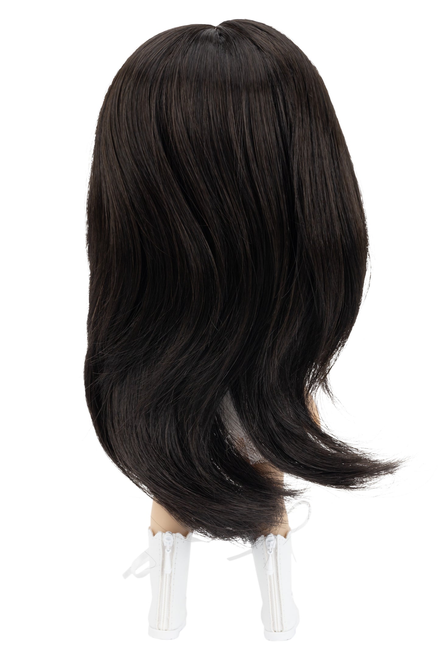 Dark Brown wig on a mannequin head with a white background