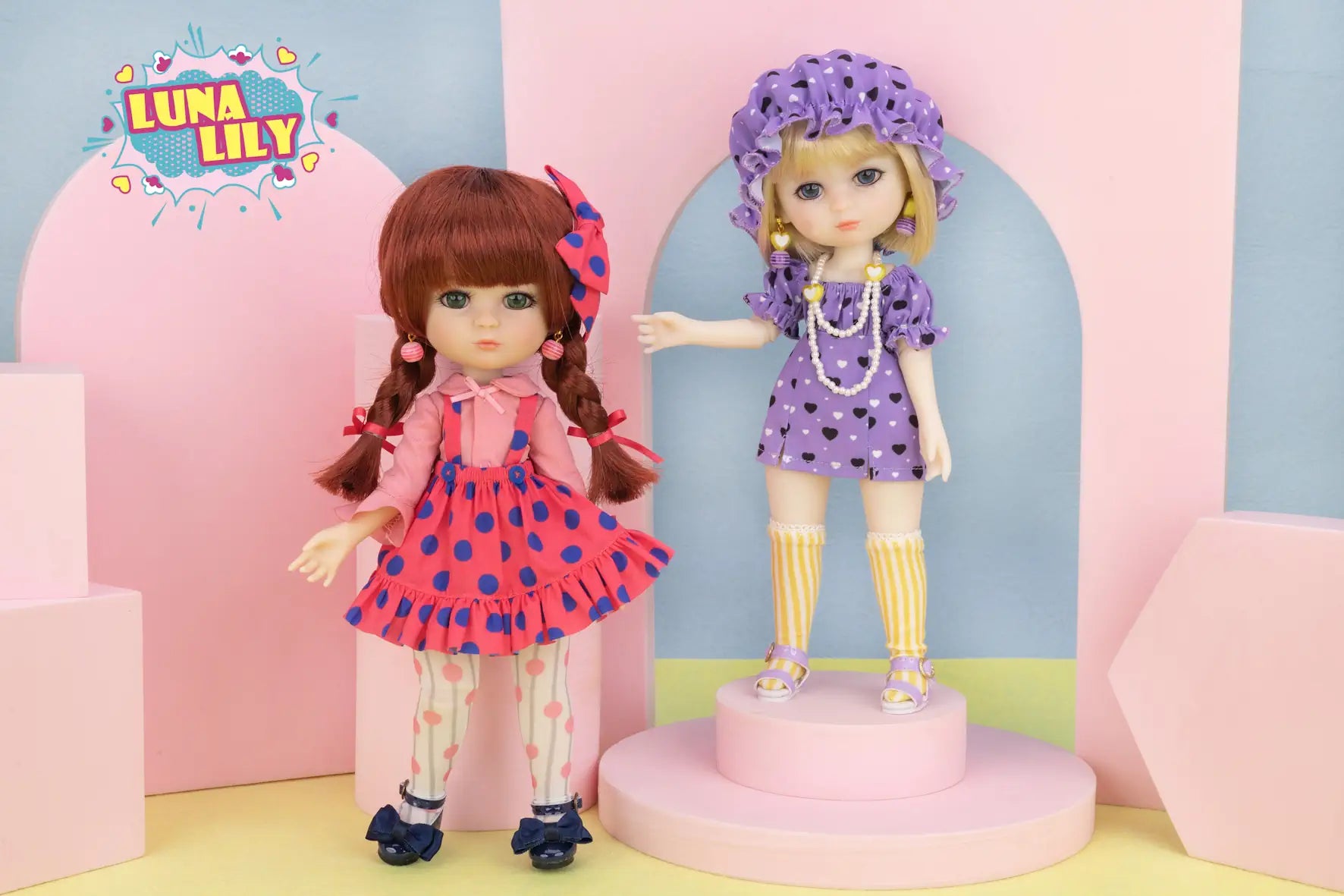 Luna Lily Doll Banner showcasing Polka Perfection and Violet Sweetheart dolls