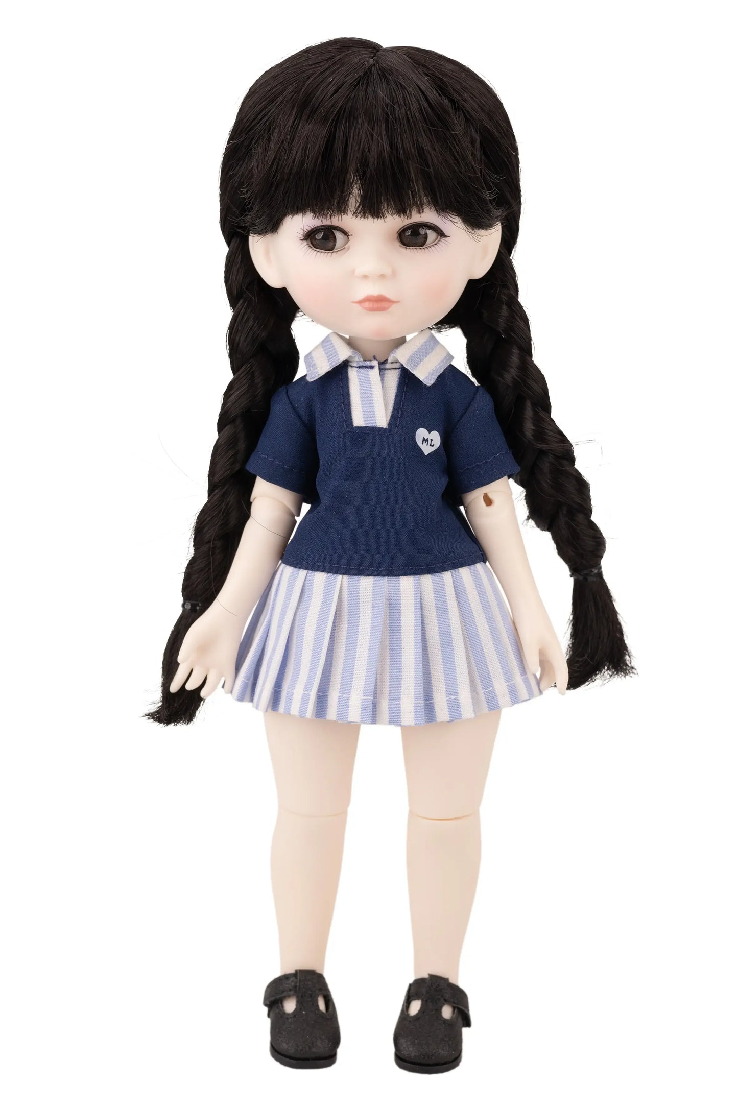 Doll wearing a blue school uniform with a white collar and striped skirt on a white background