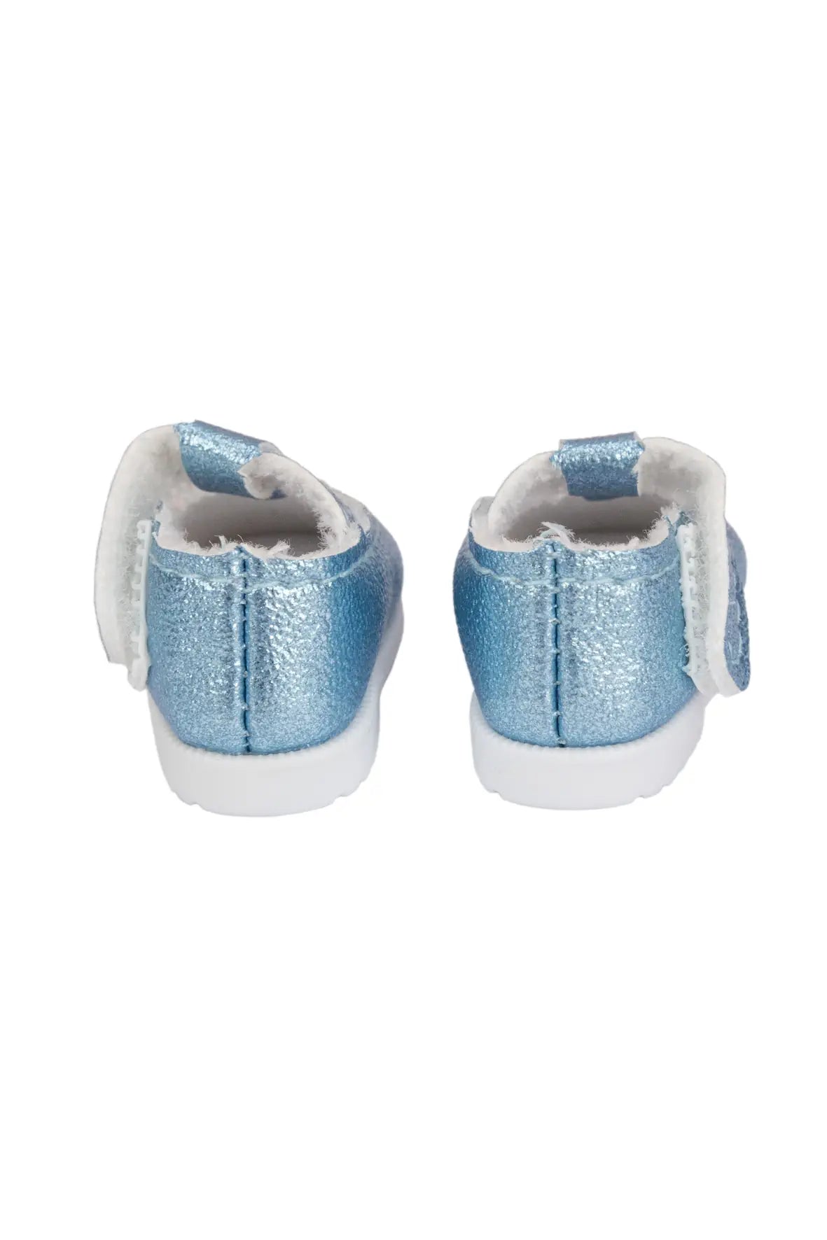 A pair of doll shoes in metallic light blue with white soles shown from the back on a white background.