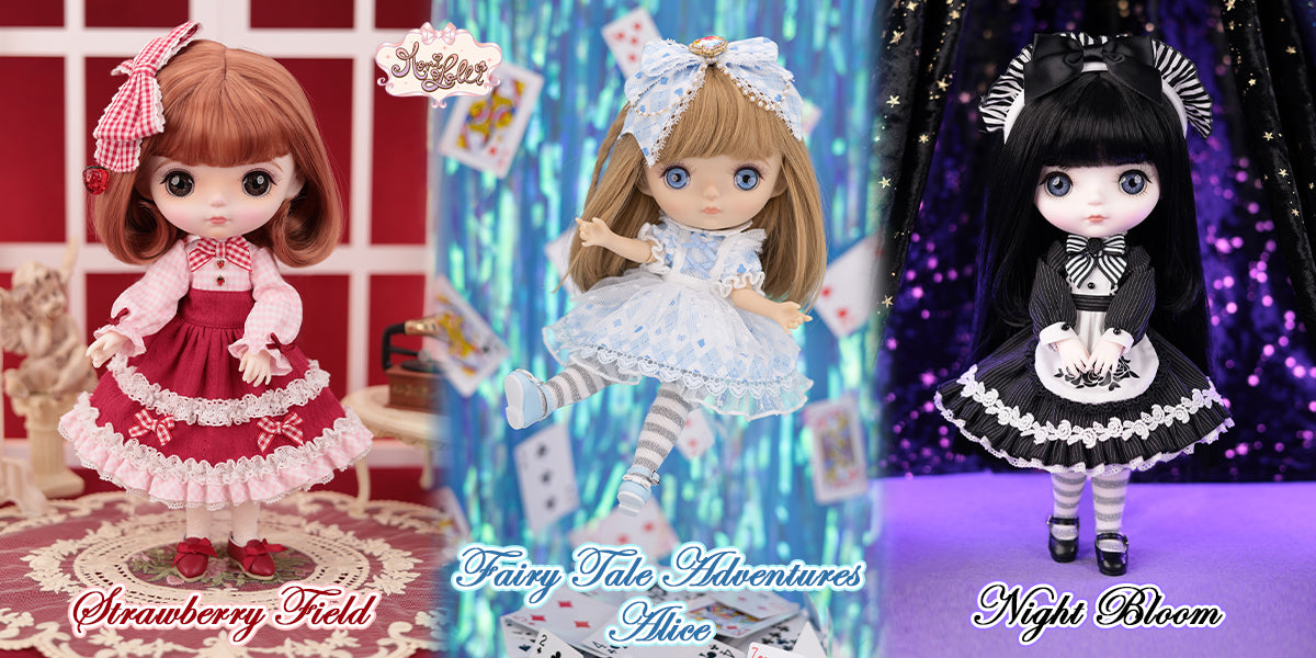 Mori Lolli dolls with different hairstyles and outfits on a colorful background.