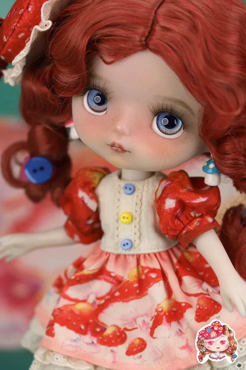 Mori Lolli Mushroom Fantasia Doll with red hair and mushroom-themed outfit on a colorful background