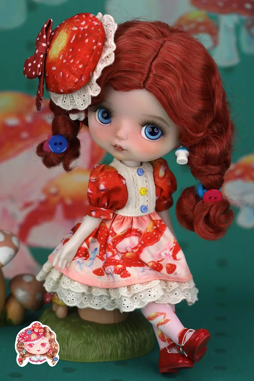 Mori Lolli Mushroom Fantasia Doll with red hair and a mushroom-themed outfit on a colorful background
