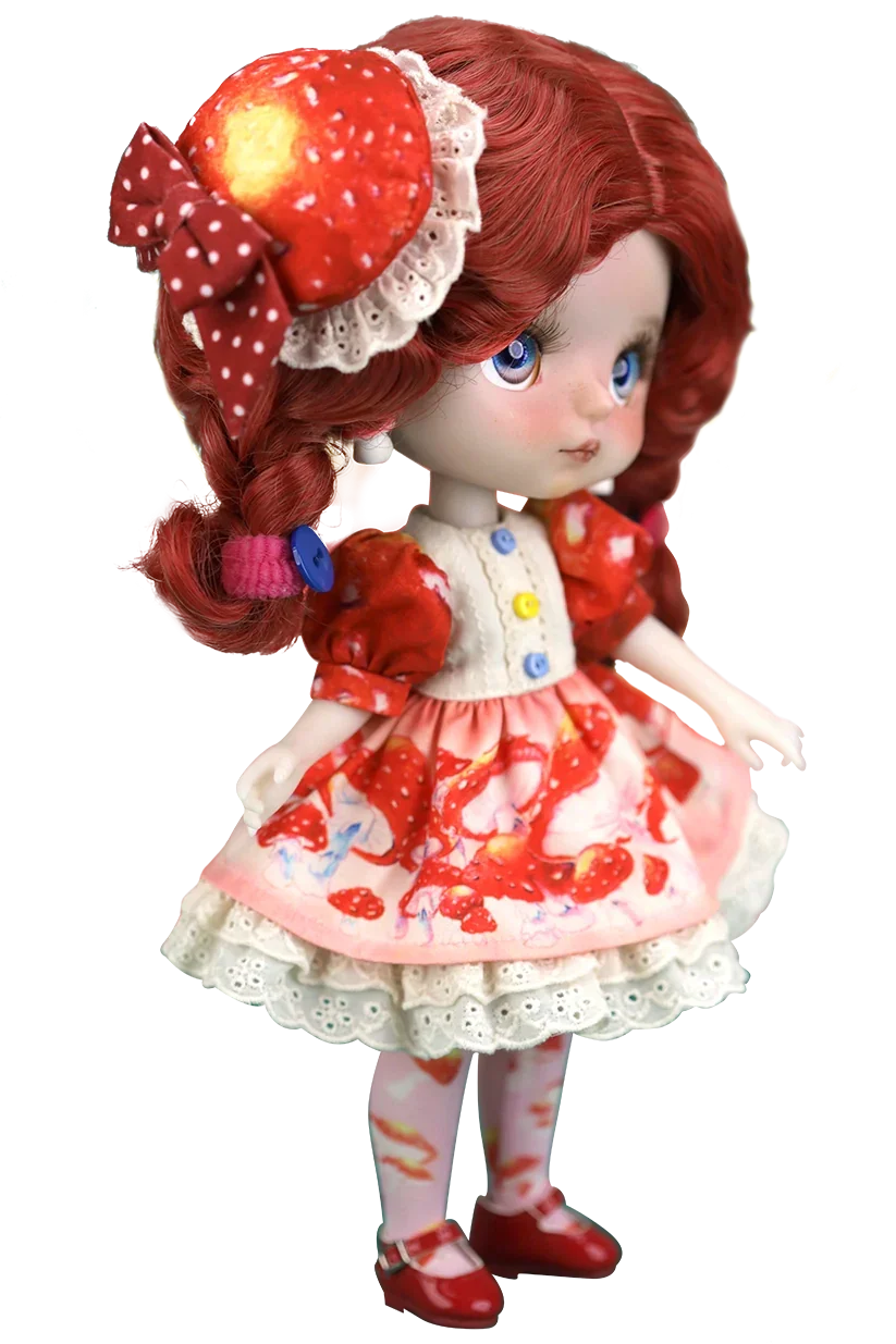 Mori_Lolli_Mushroom_Fantasia Doll with red hair, red dress on a white background