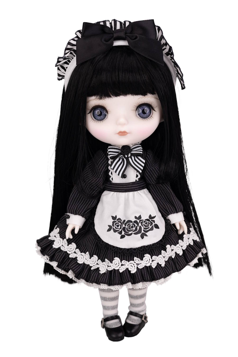 Mori Lolli Night Bloom collectible doll in a black and white Gothic Lolita dress