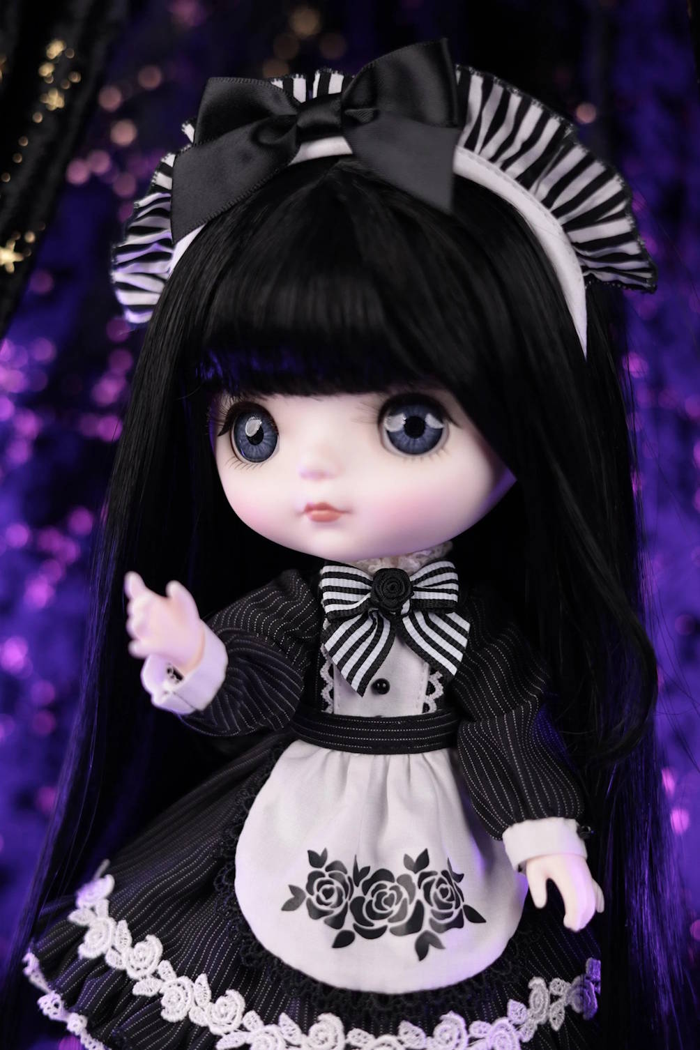 Mori Lolli Night Bloom collectible doll in a black and white gothic maid outfit