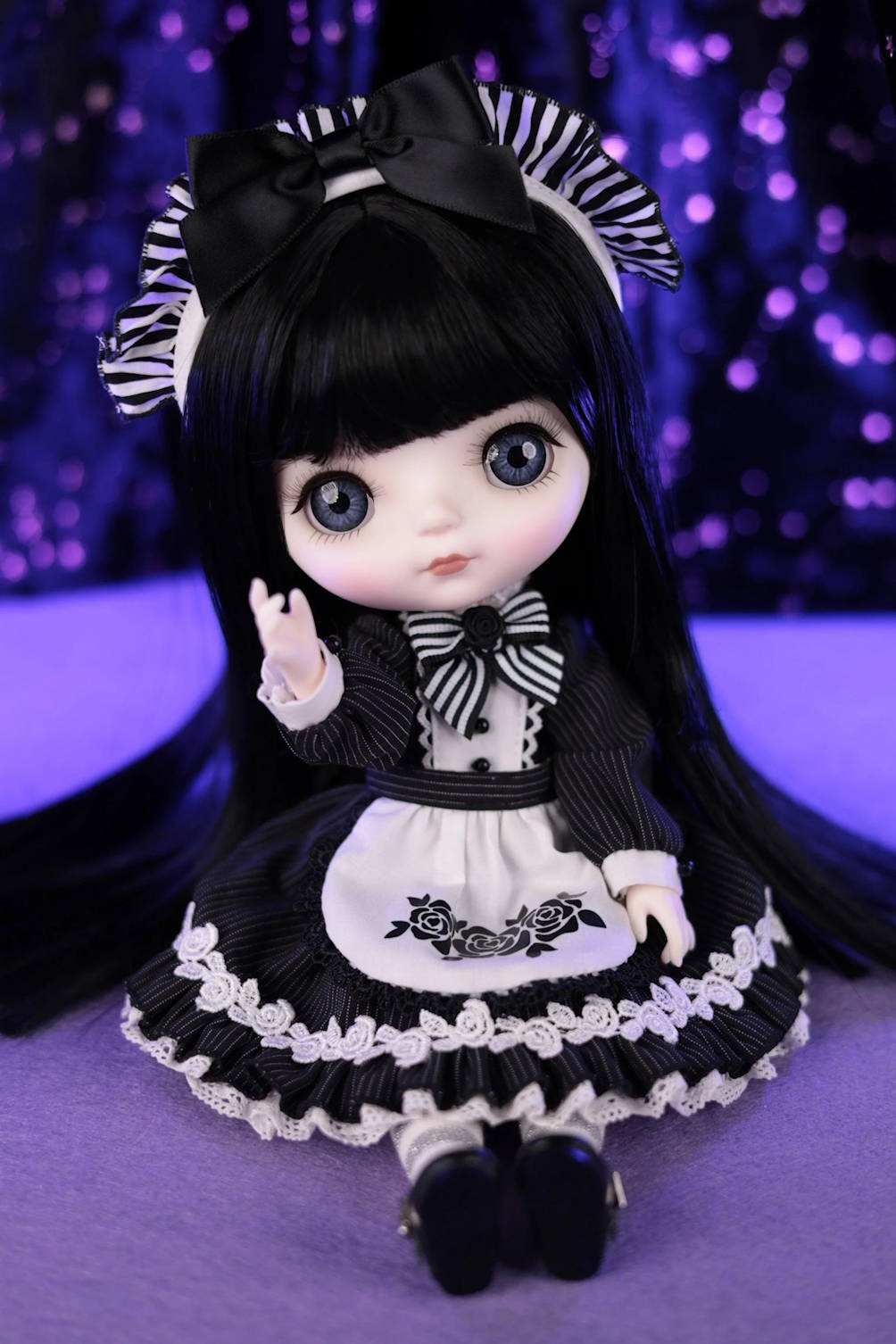 Mori Lolli Night Bloom collectible doll in a black and white gothic lolita dress