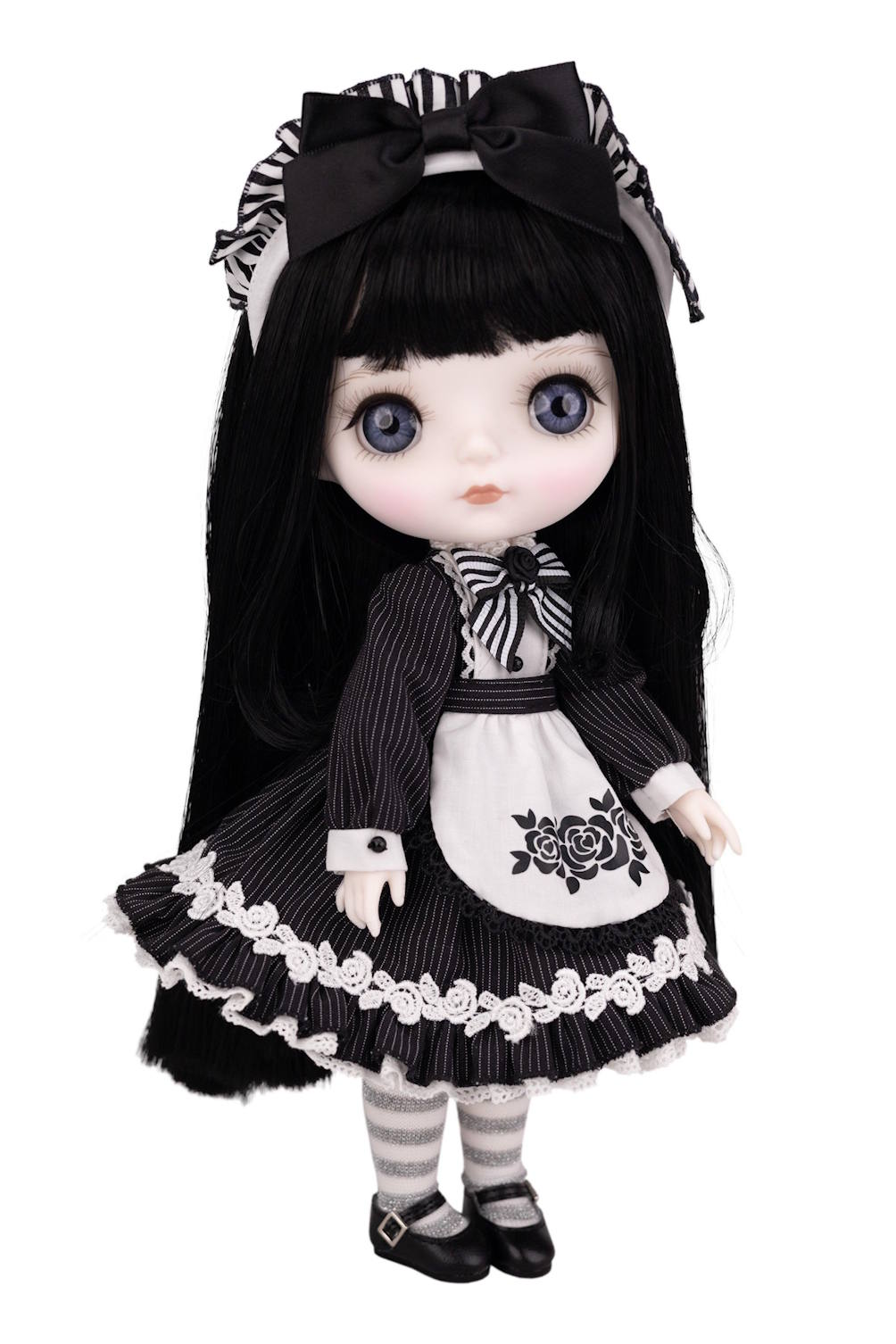 Mori Lolli Night Bloom collectible doll in a black and white gothic lolita outfit