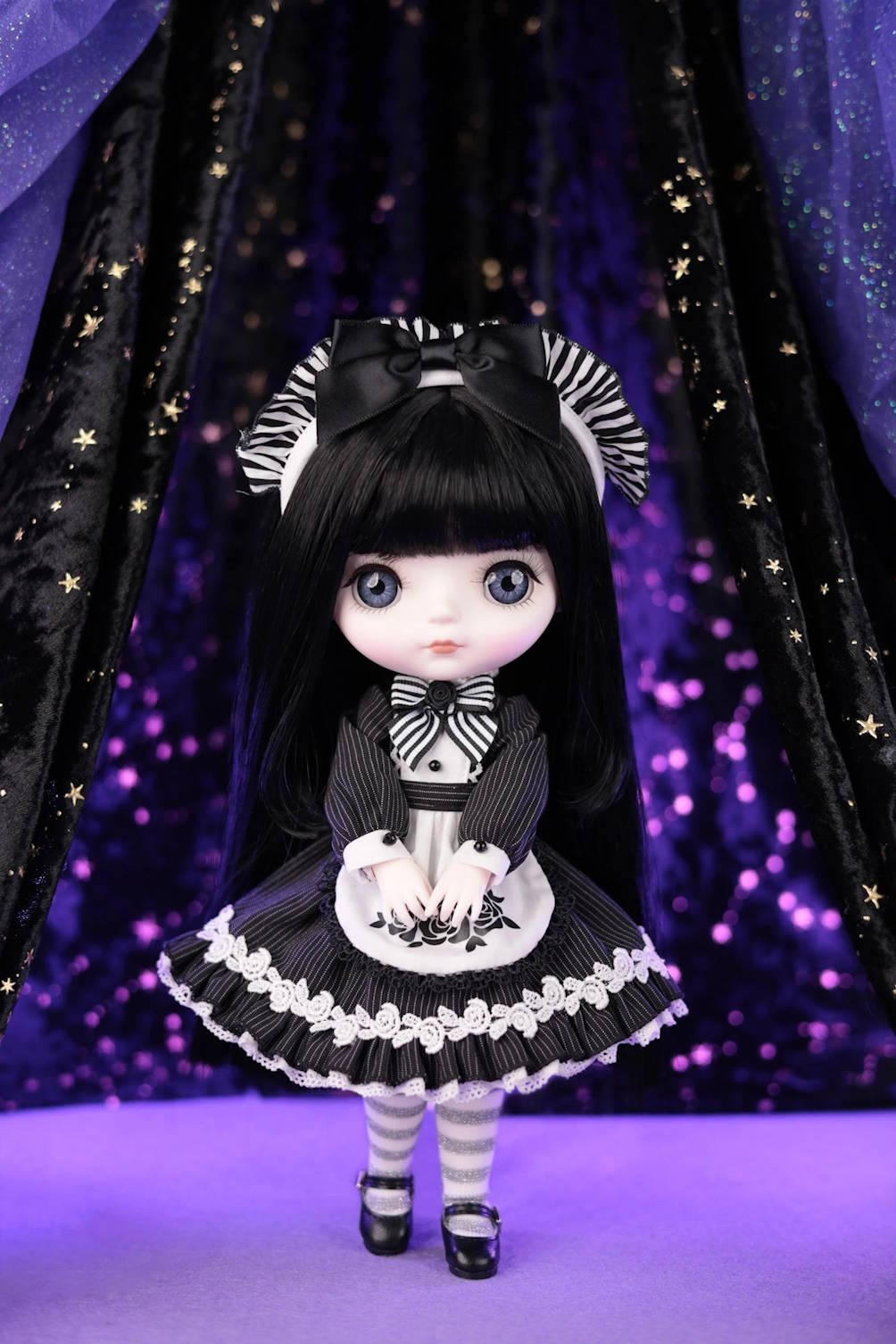 Mori Lolli Night Bloom doll in black and white gothic lolita dress and headpiece