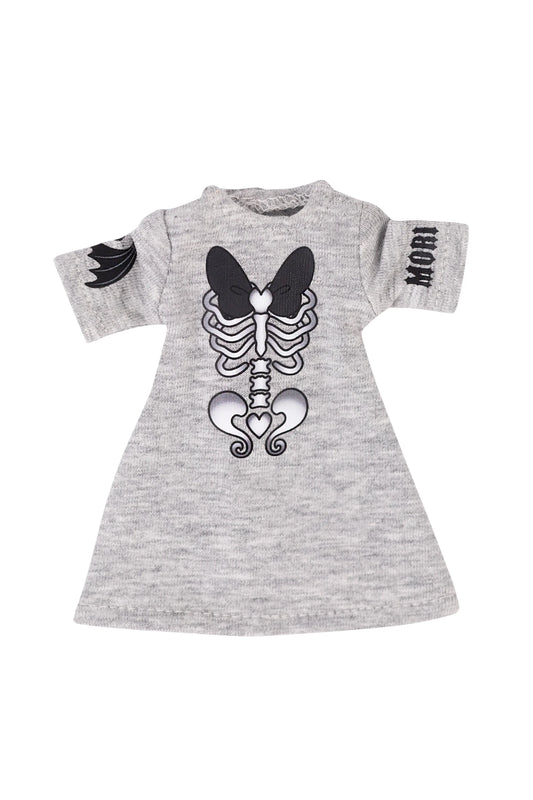Gray dress with black skeleton design and 'MORI' text on a white background