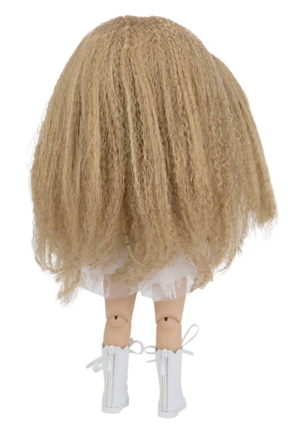 Doll with blonde hair and white outfit on a white background