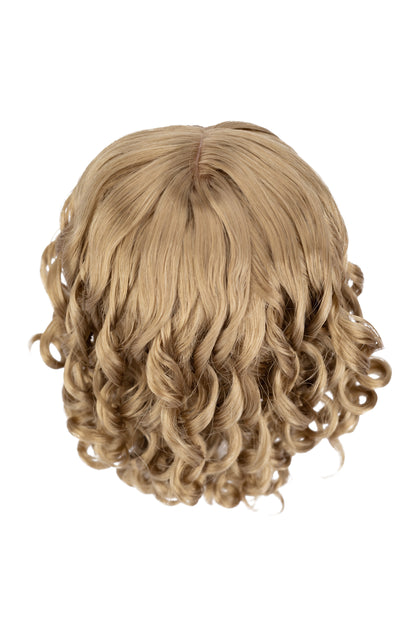 Blonde wig with wavy curls on a white background