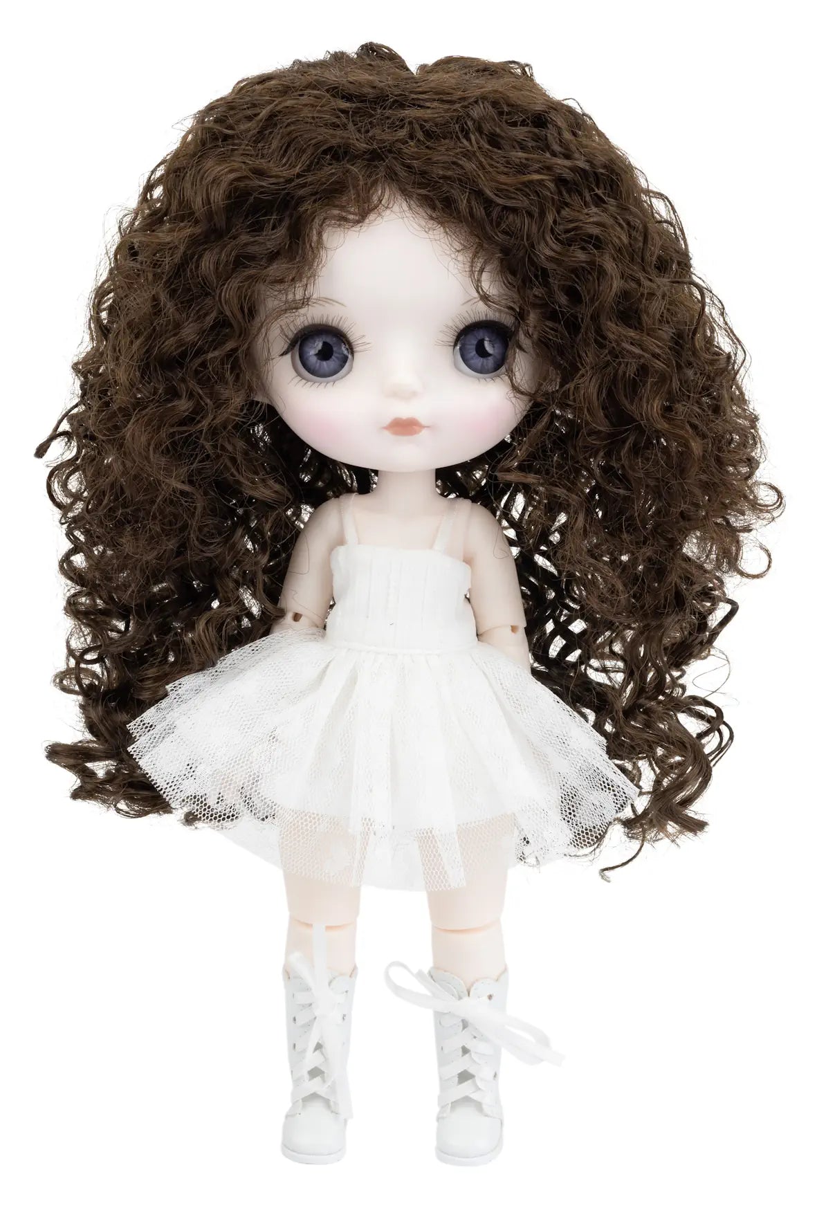 A doll with large blue eyes, long curly brown hair, and a white tutu dress with white lace-up boots, shown against a plain white background.