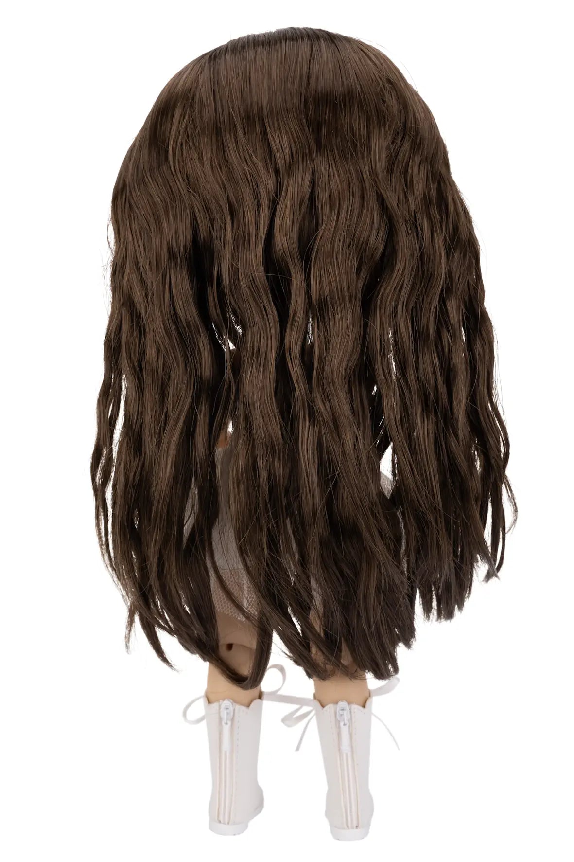 A long, wavy dark brown wig displayed on a mannequin head with white lace-up boots against a plain white background.