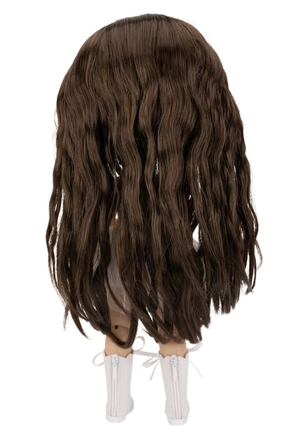 A long, wavy dark brown wig displayed on a mannequin head with white lace-up boots against a plain white background.