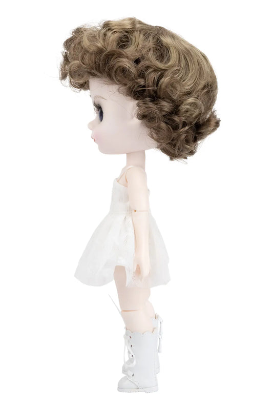 A doll with short curly brown hair, wearing a white dress and white lace-up boots, shown in profile against a plain white background.