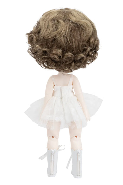 A doll viewed from the back, featuring curly light brown hair, a white tutu dress, and white boots, set against a plain white background.