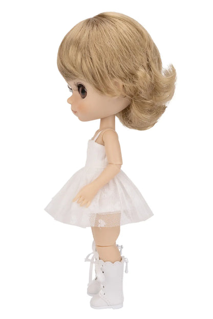A doll with blonde hair, wearing a white sleeveless dress and white lace-up boots, shown against a plain white background.