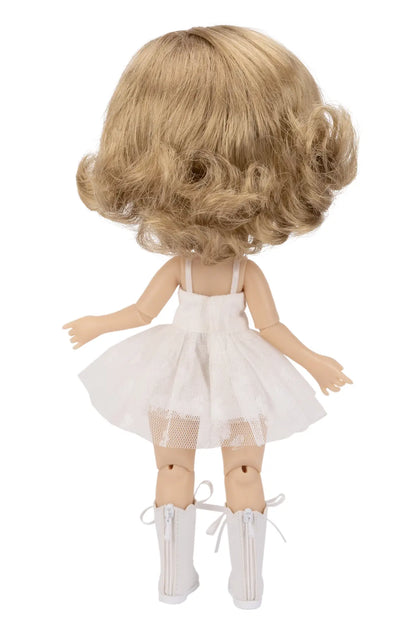 A doll viewed from the back, featuring curly blonde hair, a white sleeveless dress, and white lace-up boots, isolated on a white background.