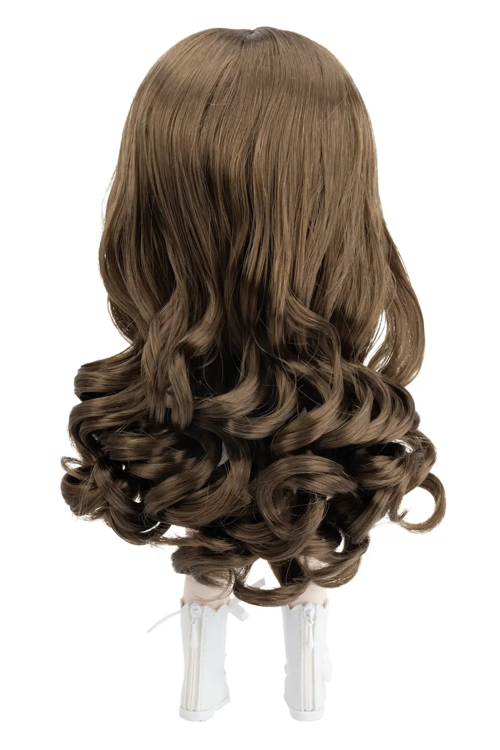 Brunette hair extension on a Mori Lolli doll head against a white background