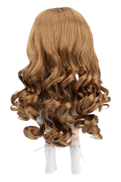 Brown curly hair extension on a clear stand against a white background