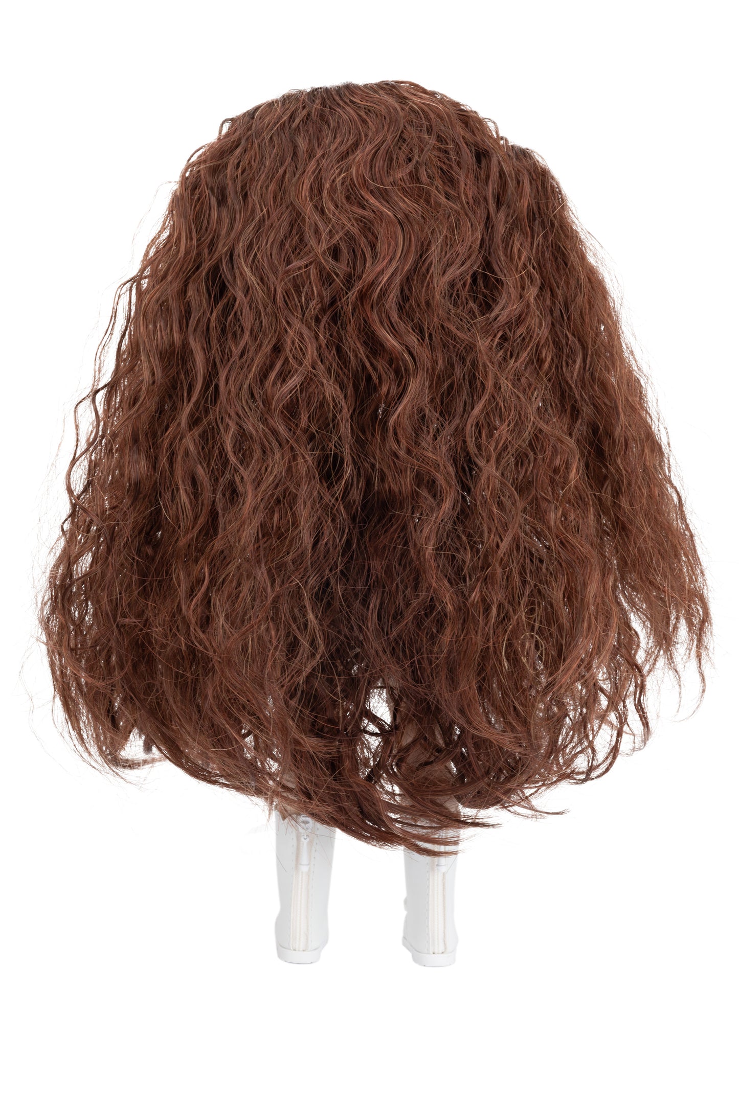 Brown wig on a mannequin head against a white background