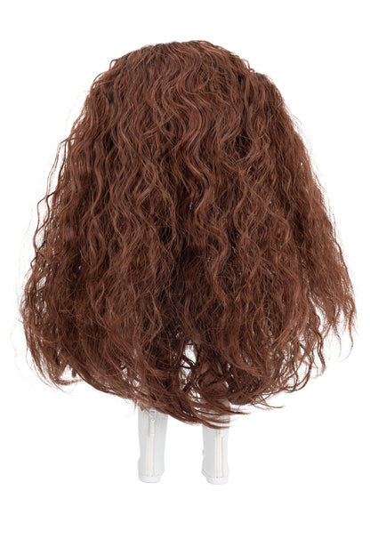 Brown wig on a mannequin head against a white background