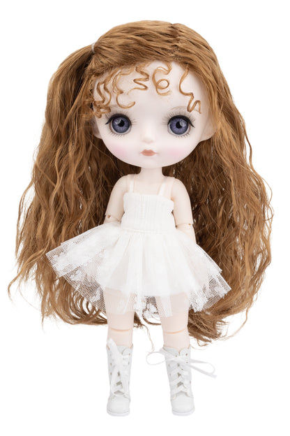 Doll with long brown hair and a white dress on a white background