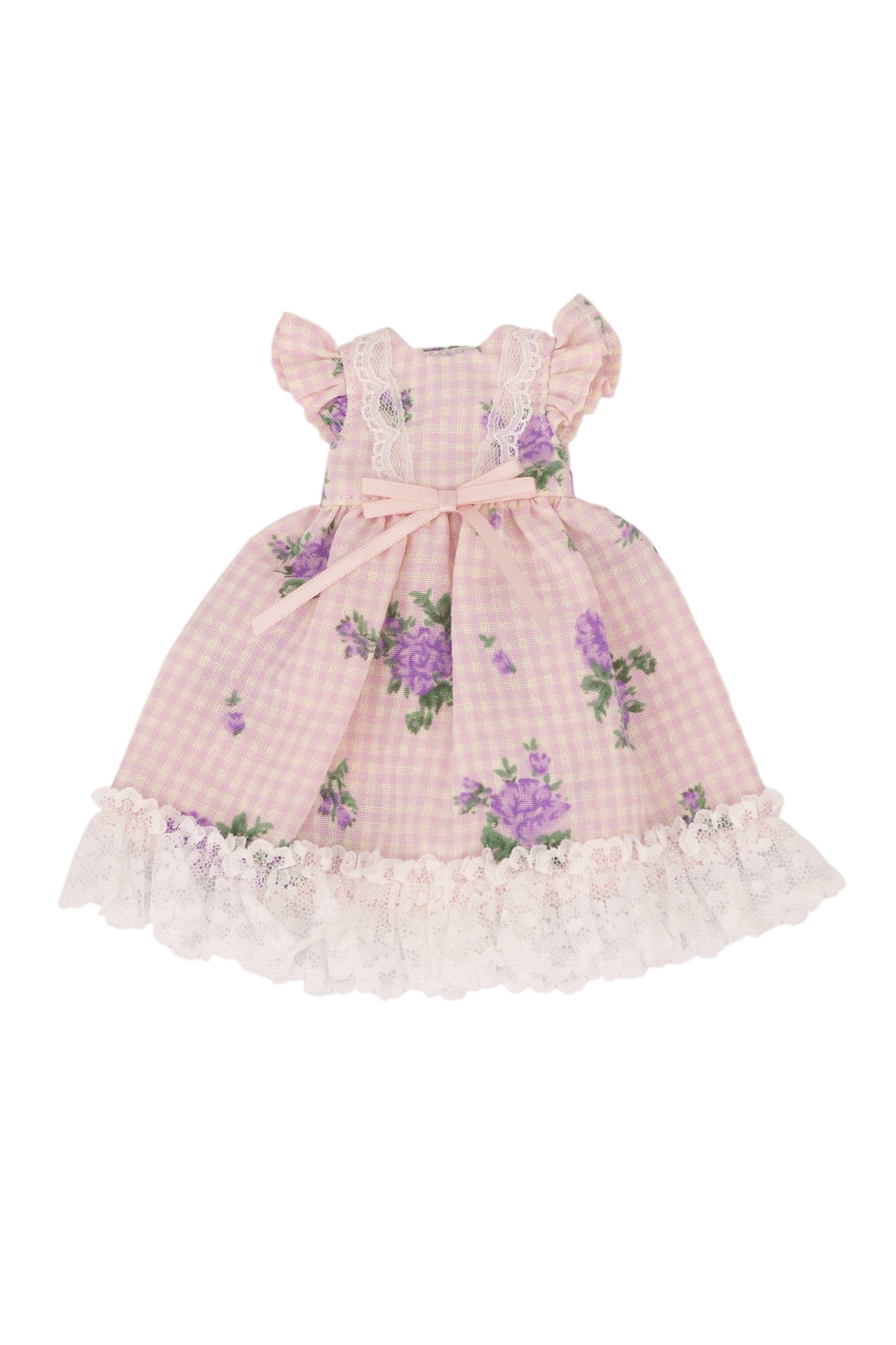 Pink checkered dress with floral patterns on a white background