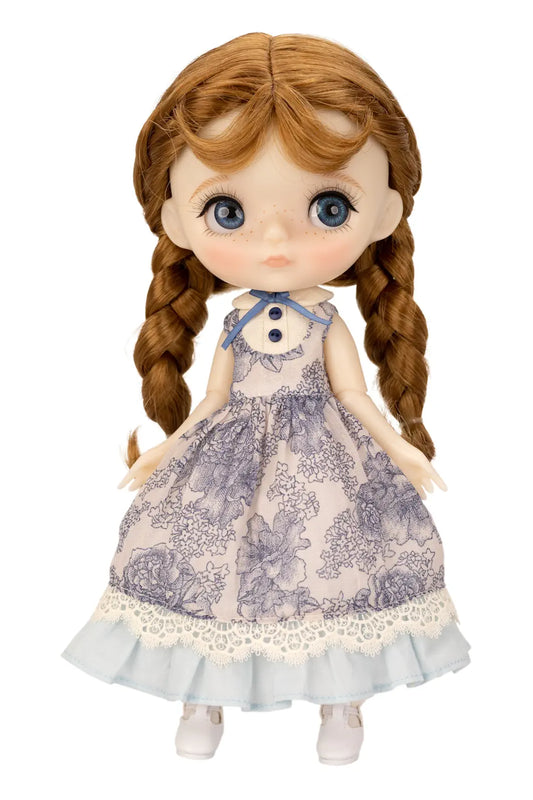 Doll with braided hair wearing a floral dress on a white background