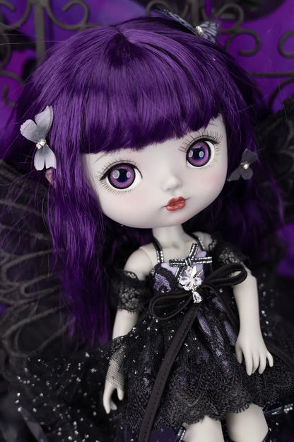 Mori Lolli Dark Fairy Doll with purple hair and outfit against a dark background