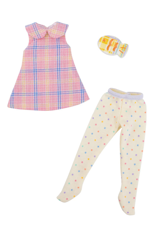 Set of doll clothing including a pink plaid dress, cream color pants with colorful polka dots, and a matching headpiece on a white background.