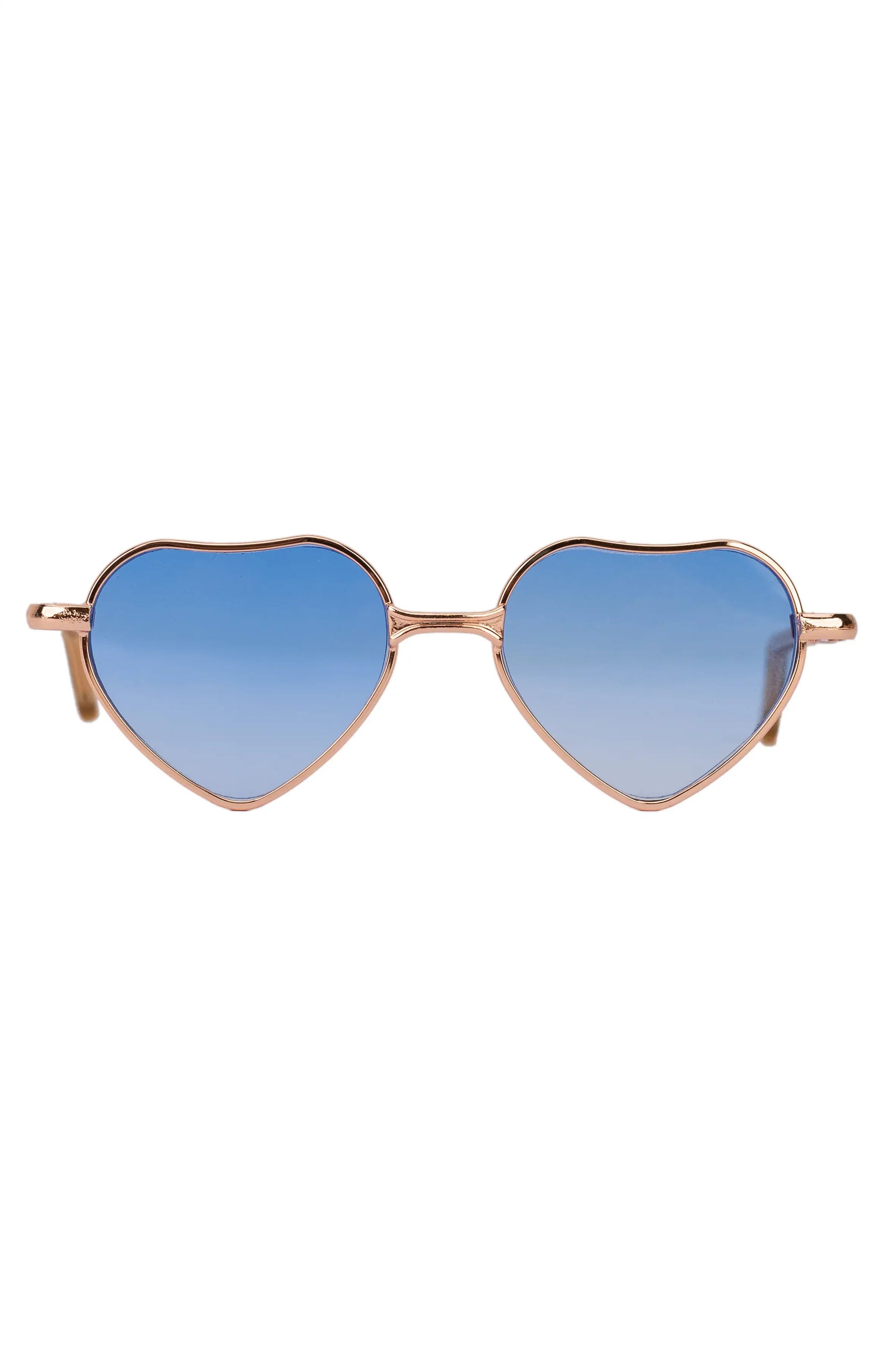 Heart-shaped sunglasses with blue gradient lenses on a white background