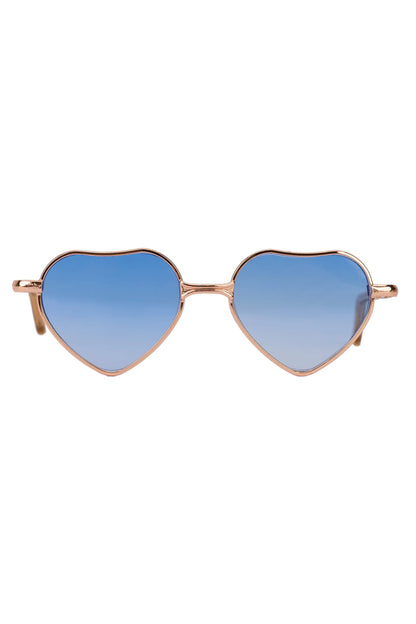 Heart-shaped sunglasses with blue gradient lenses on a white background