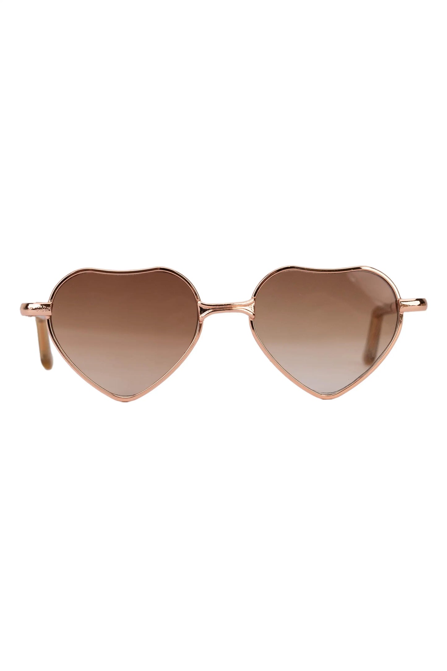 Heart-shaped brown sunglasses with rose gold frame and brown gradient lenses on a white background