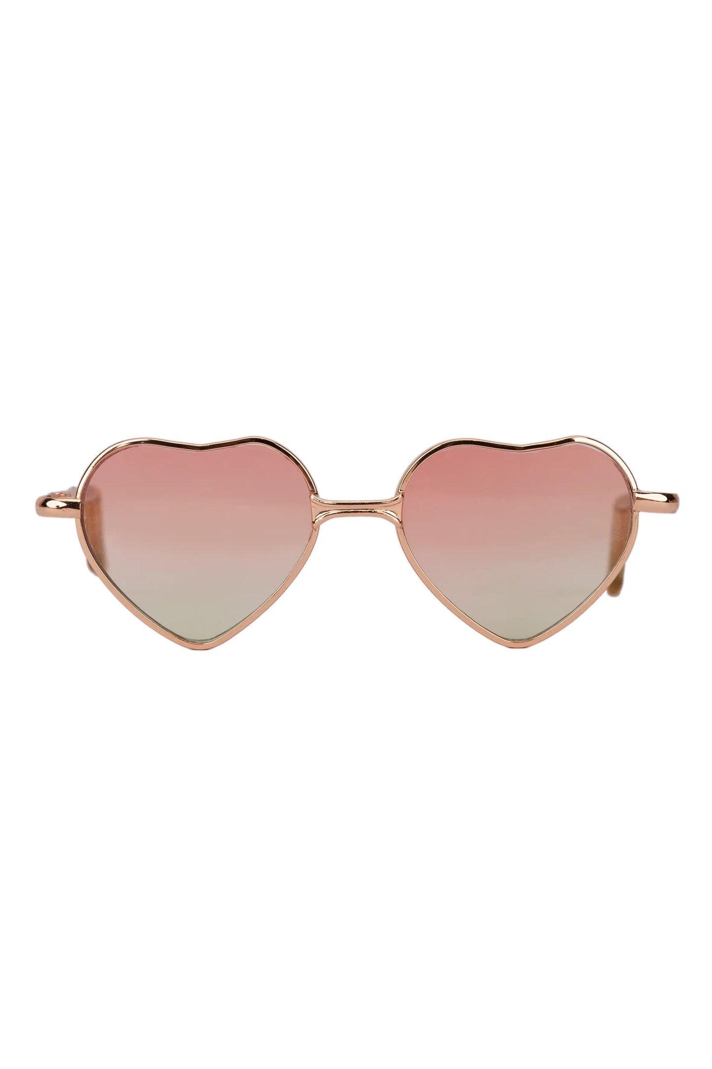 Heart-shaped sunglasses with rose gold frame and amber gradient lenses on a white background