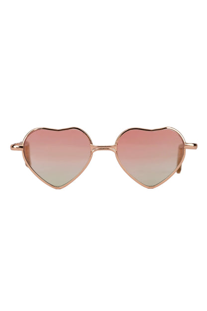 Heart-shaped sunglasses with rose gold frame and amber gradient lenses on a white background