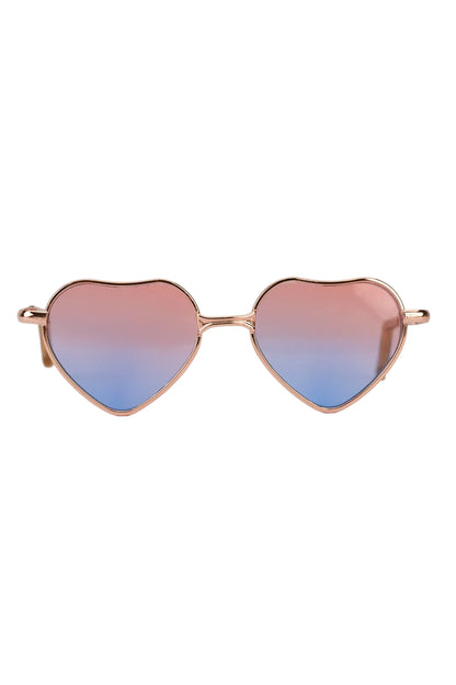 Heart-shaped sunglasses with rose gold frame and blue gradient lenses on a white background