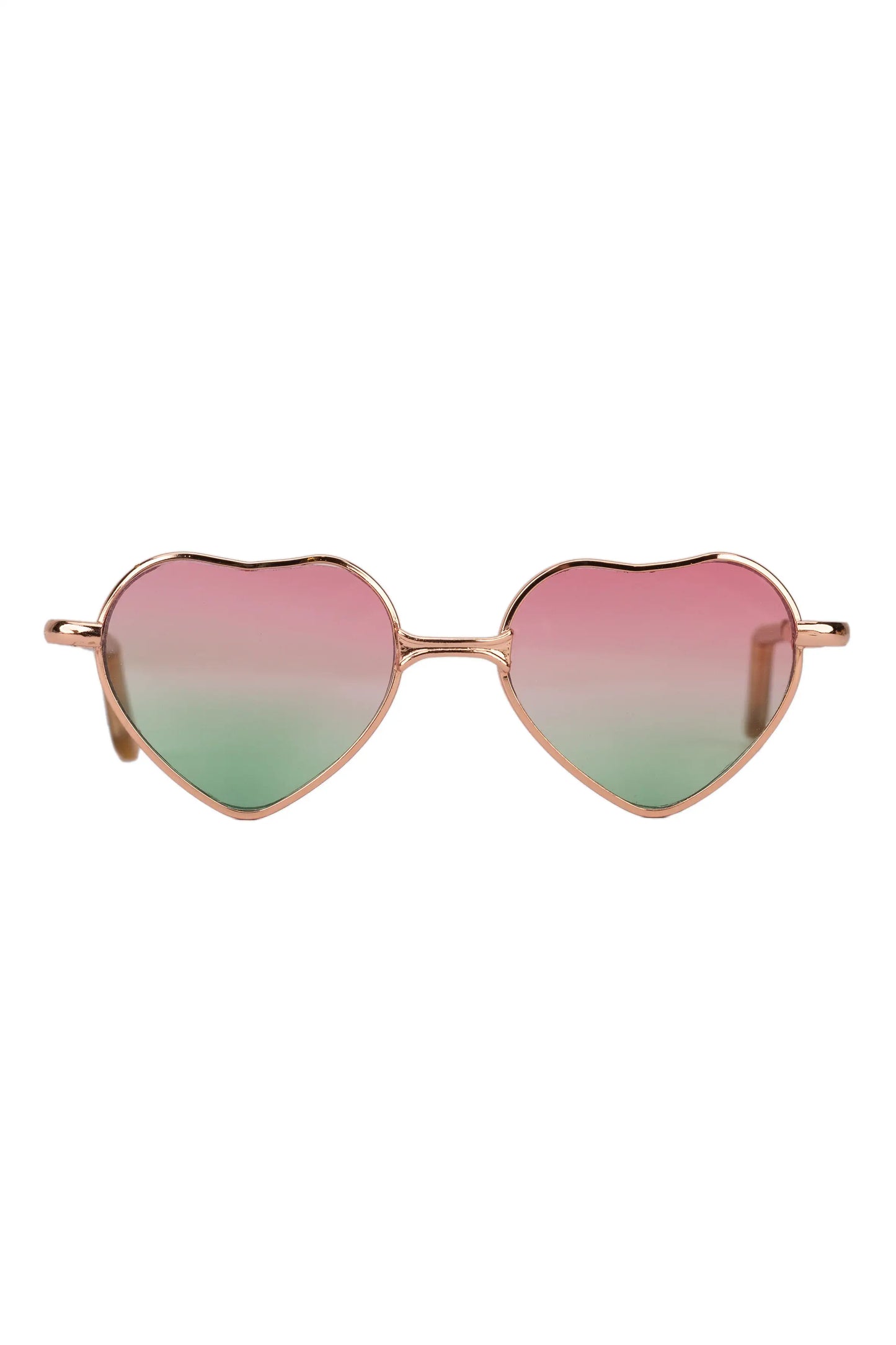 Heart-shaped sunglasses with a gradient pink to green lens on a white background
