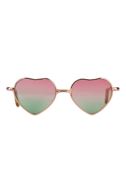 Heart-shaped sunglasses with a gradient pink to green lens on a white background