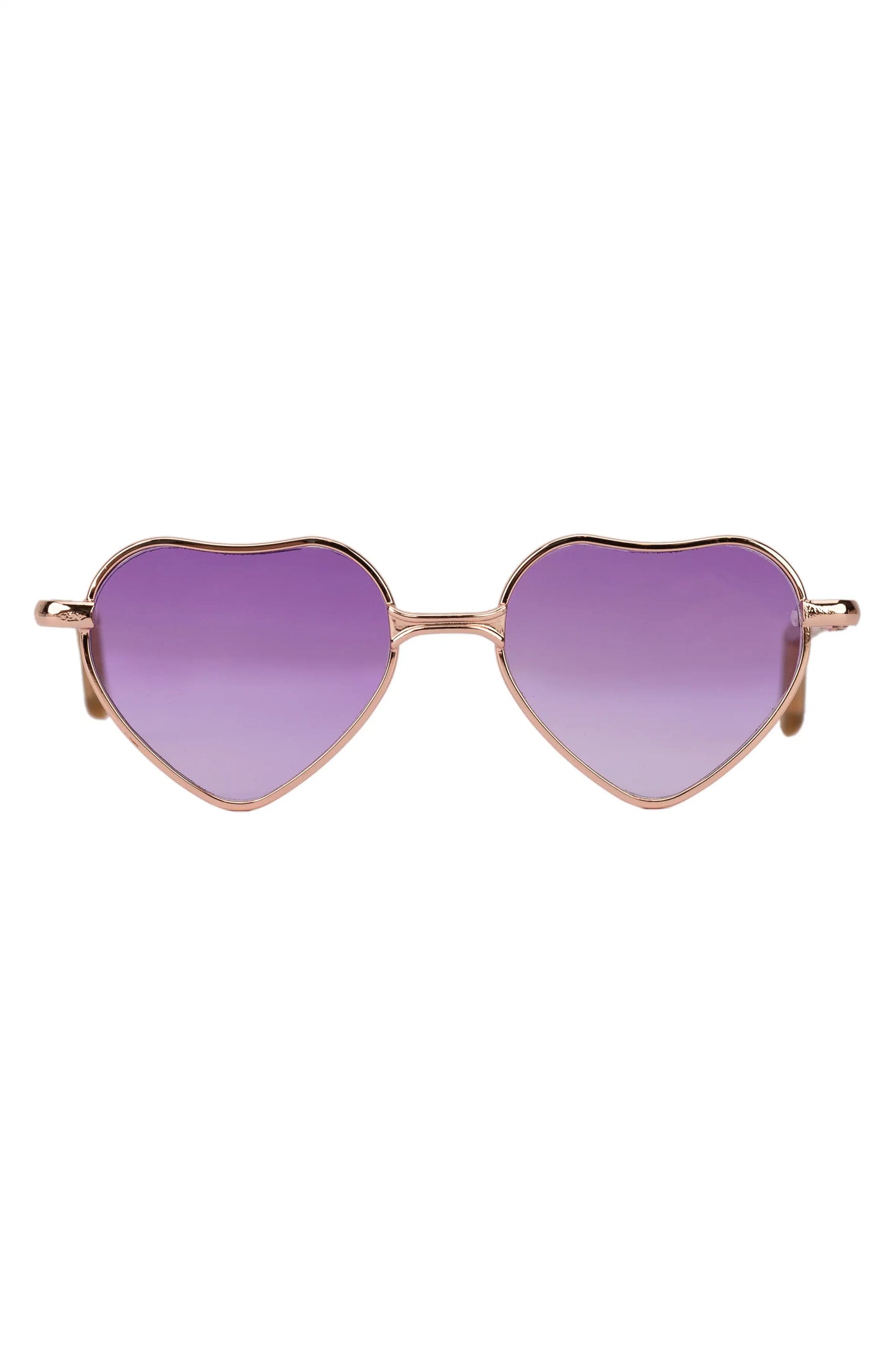 Heart-shaped sunglasses with purple lenses and rose gold frame on a white background