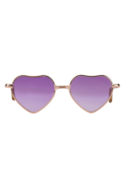 Heart-shaped sunglasses with purple lenses and rose gold frame on a white background