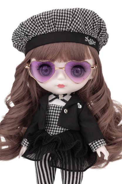 Doll wearing a black and white checkered outfit with a hat and purple sunglasses on a white background