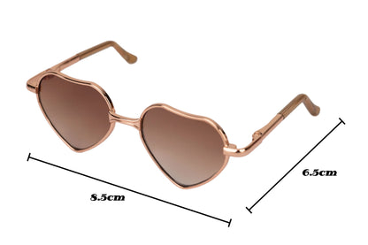 Heart-shaped sunglasses with measurements on a white background
