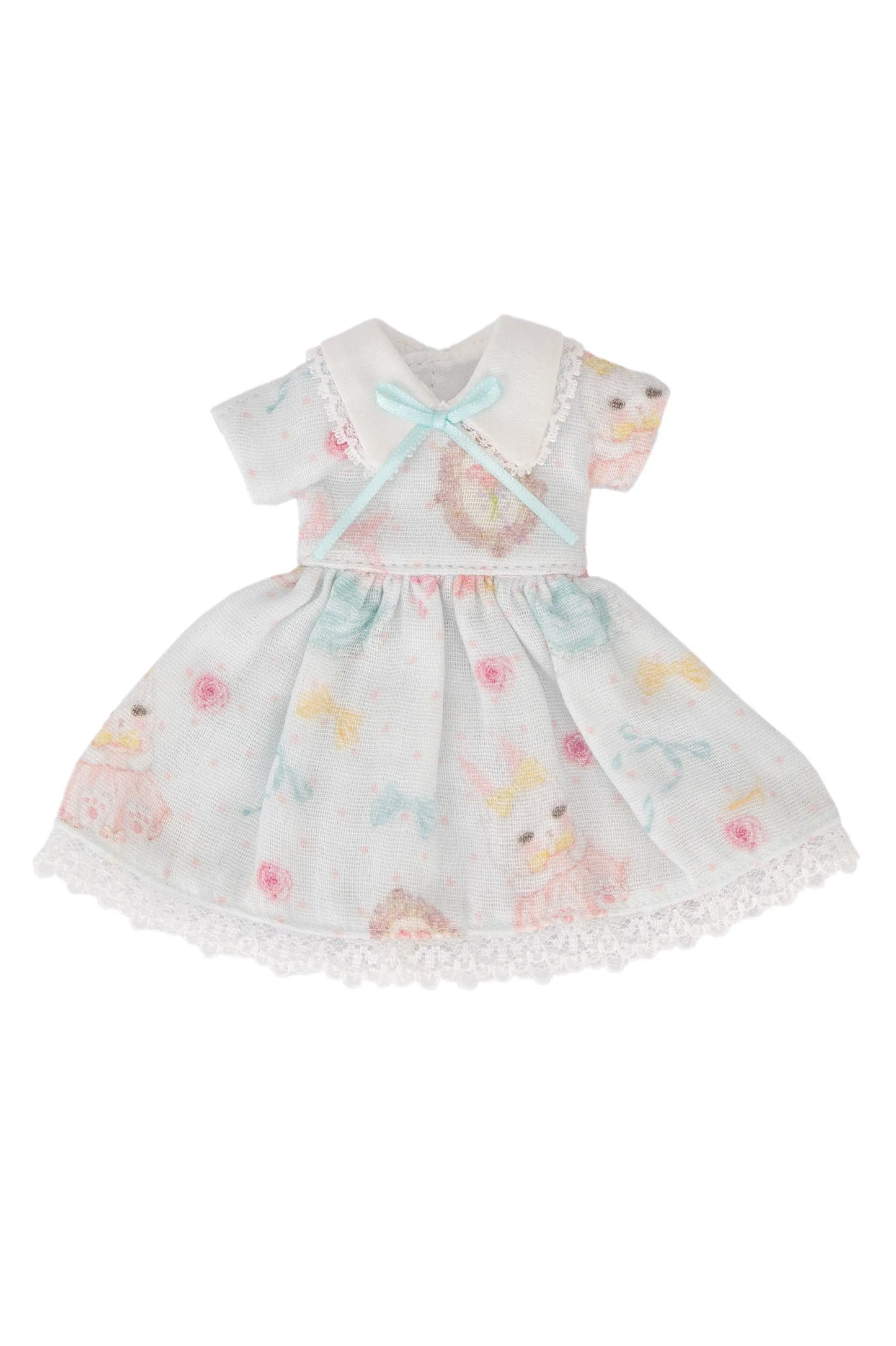 Doll dress with floral and bunny pattern on a white background